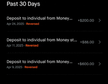 a screenshot of a website that says past 30 days deposit to individual from money