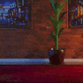 a cartoon chicken wearing sunglasses stands next to a plant