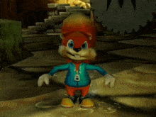 a cartoon character wearing a blue shirt and yellow shoes