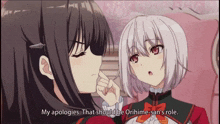 two anime girls are talking and one of them says " my apologies "