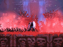 a pixel art of a man standing in front of a waterfall