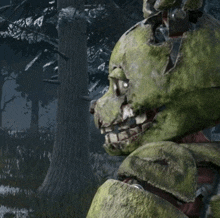 a green skeleton is standing in the woods