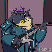 a cartoon of a pig holding a guitar with nikepig written on the bottom right