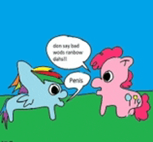 a cartoon of pinkie pie and rainbow dash talking