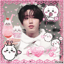 a picture of a boy surrounded by hearts and bears with the words i love you