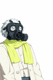 a person wearing a gas mask and a yellow scarf