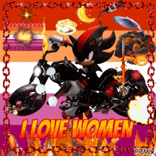 a picture of shadow the hedgehog riding a motorcycle with the words " i love women " below him