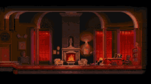 a pixel art scene of a living room with a fireplace