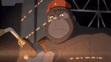 a cartoon gorilla wearing a red hat and holding a torch