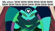 a green and purple cartoon character with a heart on his head