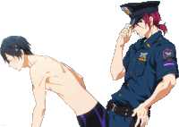 a police officer stands next to a shirtless man