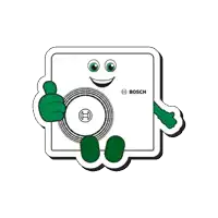 a bosch mascot giving a thumbs up and holding a fan
