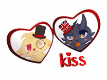 a couple of hearts with the word kiss in the middle