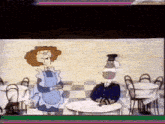a cartoon of a woman and a man sitting at a table
