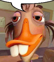 a close up of a duck with a speech bubble above it