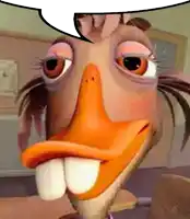 a close up of a duck with a speech bubble above it