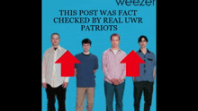 a poster for weezer shows four men standing next to each other with red arrows pointing up