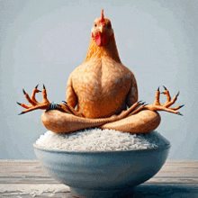 a chicken is sitting in a lotus position on top of a bowl of rice