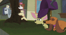 a group of cartoon dogs are standing around a tree
