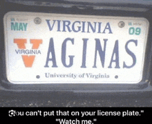 a virginia license plate says vaginas on it