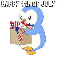 a blue and white penguin is holding a box full of july 4th decorations
