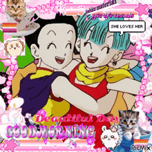 a cartoon of two girls hugging with the words good morning