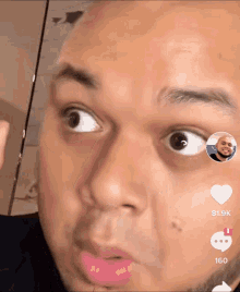 a close up of a man 's face with pink lipstick and the number 81.9k on the bottom right