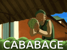 a cartoon of a man holding a cabbage with the word cabbage behind him