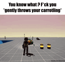 a screenshot of a video game with the words " you know what ? f * ck you gently throws your carrotling "
