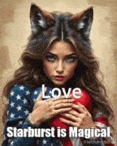 a woman with cat ears is holding a red heart with the words love starburst is magical