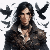 a painting of a woman with black hair and a sword