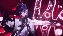 a purple haired anime character stands in front of a neon sign that says ' a ' on it
