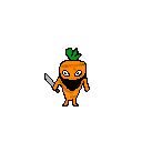 a pixel art drawing of a carrot holding a knife and wearing a mask .