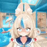 a girl with blonde hair and blue eyes is making a face