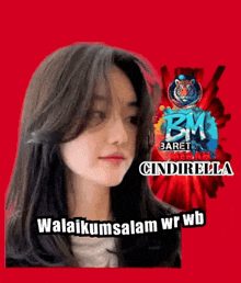 a picture of a girl with a red background that says bm baret medan