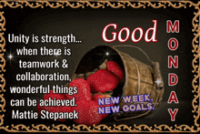 a bucket of strawberries with the words good monday on it