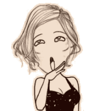 a black and white drawing of a woman with her hand on her mouth .