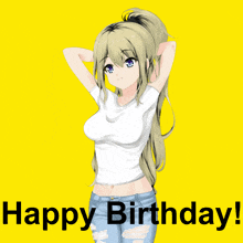 a girl with a ponytail is on a yellow background with the words happy birthday