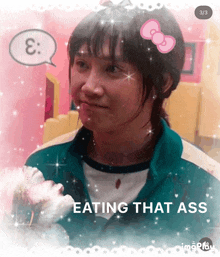 a picture of a girl with a hello kitty bow on her head and the caption eating that ass