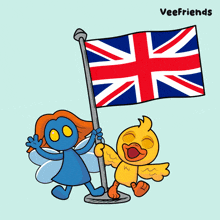 a cartoon drawing of a cat a snake and a fairy holding a british flag