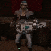 a man in a video game is holding a shield and a sword .