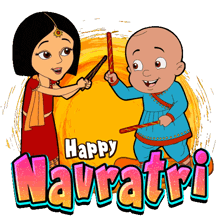 a cartoon of a boy and a girl with the words happy navratri in the background