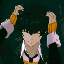 a man in a suit and tie has his eyes closed and his hands on his head
