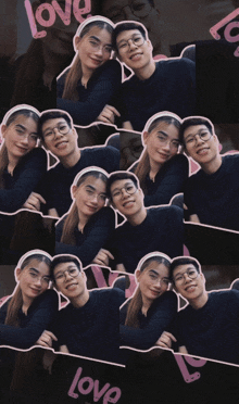 a collage of photos of a man and a woman with the word love written in pink
