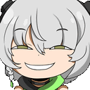 a cartoon character with white hair and green eyes is smiling .