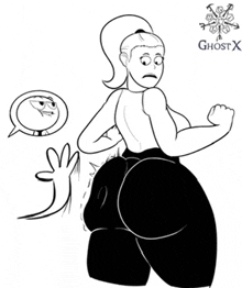 a black and white drawing of a woman with a ponytail and a big butt .