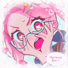 a drawing of a girl with glasses and the words " mizi loves bon "