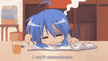 a girl with blue hair is sitting at a table with a book and a glass of orange juice