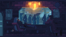 pixel art of people sitting at a bar with a sign that says join the free thought movement