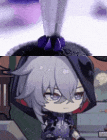 a cartoon character with gray hair and purple shoes is standing on a table .